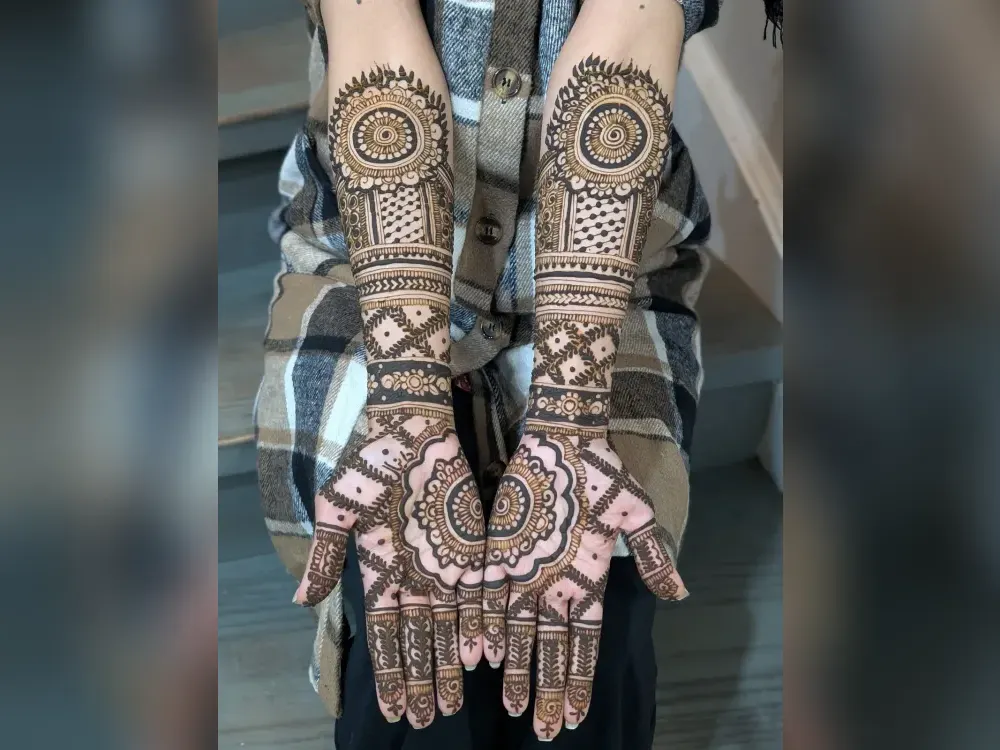 Full bridal mehndi with mandala palms running the length of both forearms