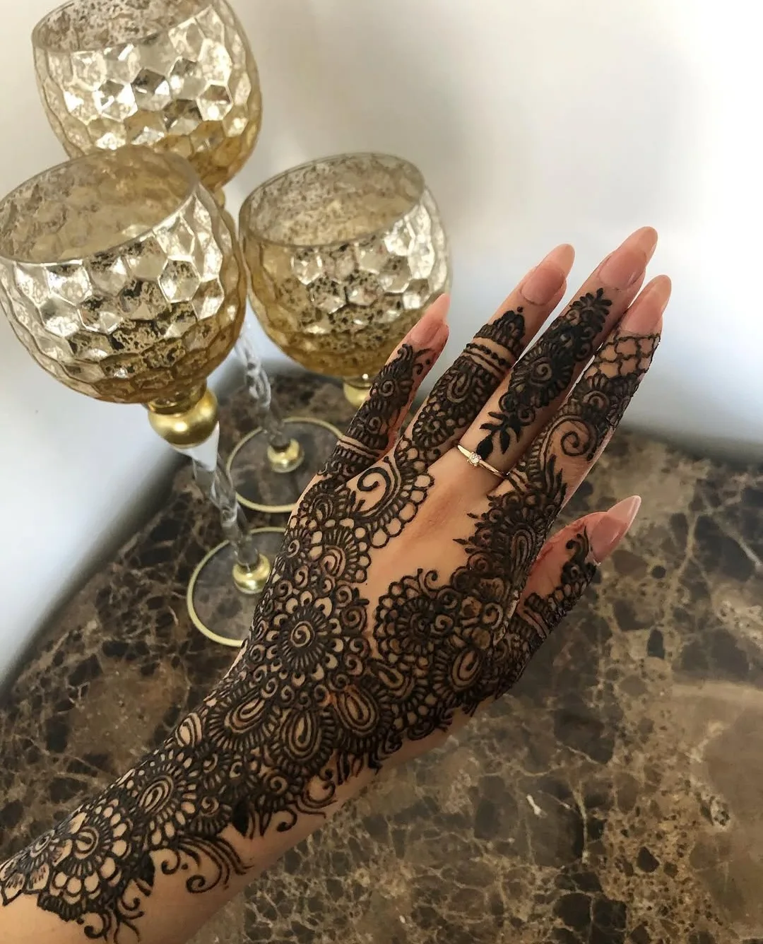 Delicate Eid-style henna design on the back of a hand