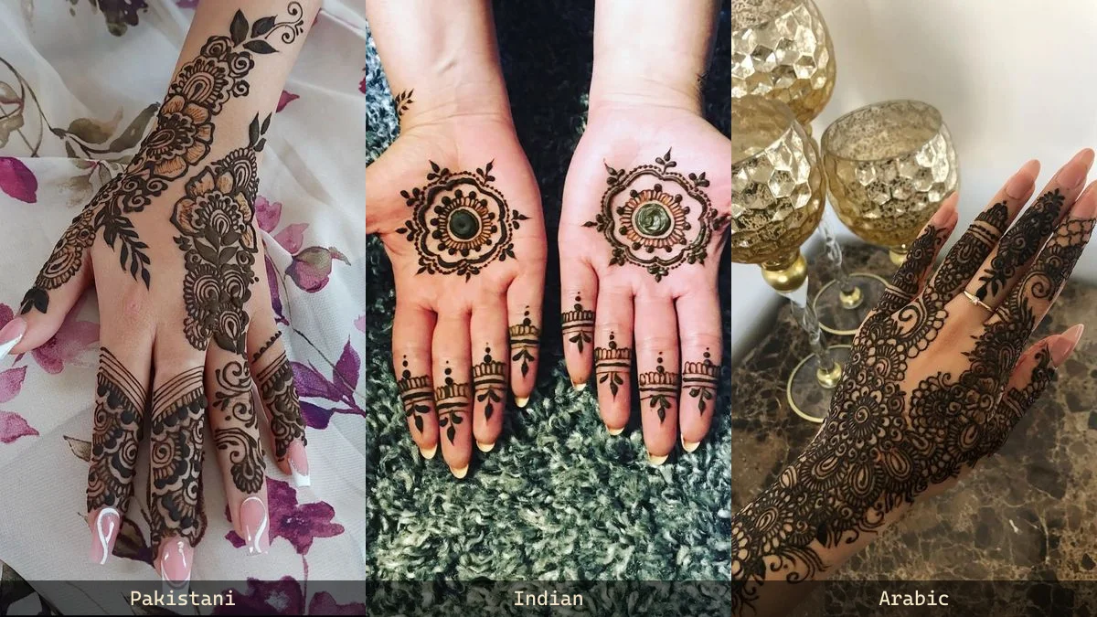 Three-panel comparison of Pakistani, Indian, and Arabic bridal mehndi styles on hands