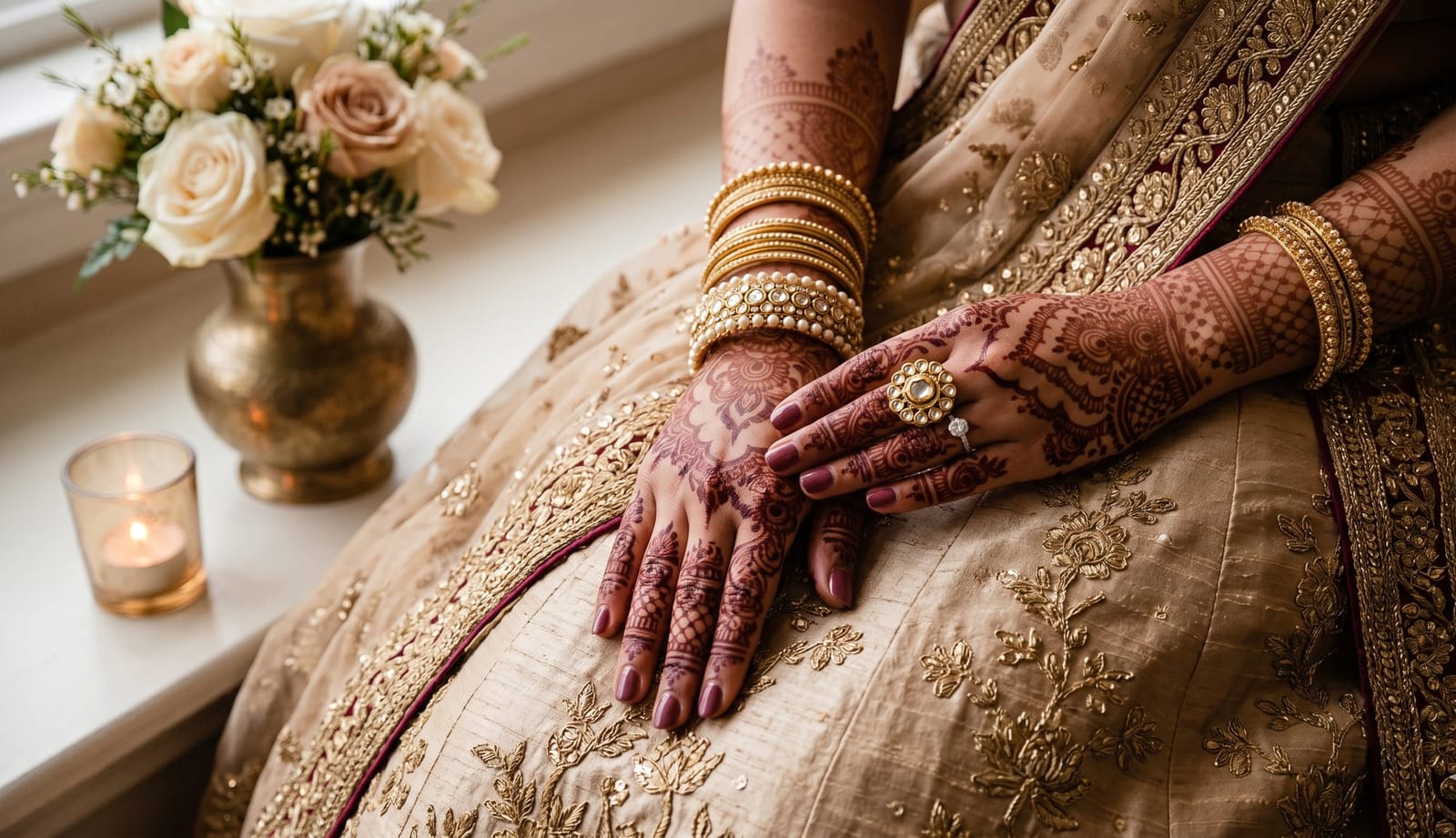 Bridal hands with intricate floral henna mehndi and layered gold jewelry against a maroon sequined outfit, glowing string lights and rose florals behind