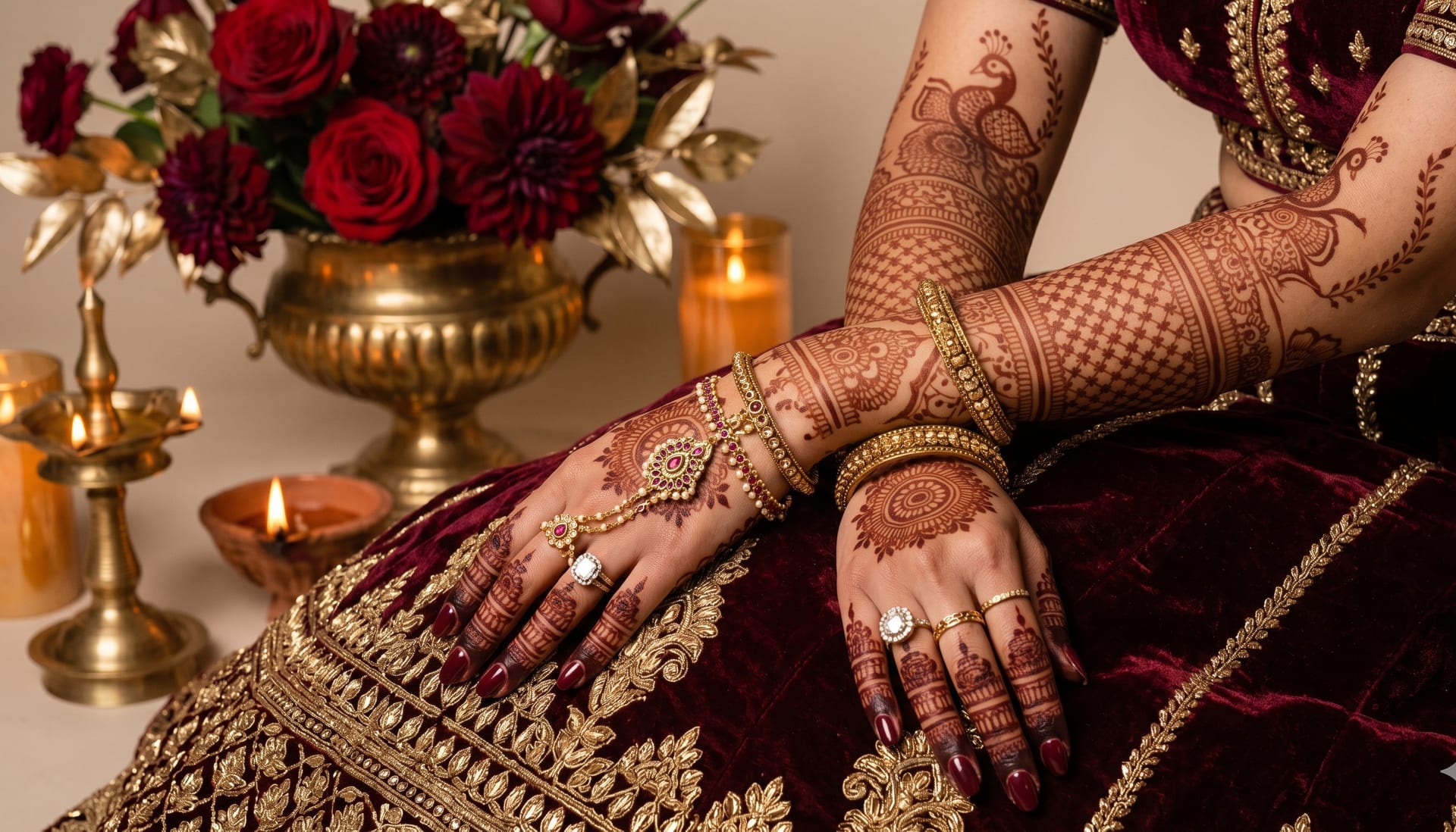 Intricate bridal henna design on a hand by Arooj in Calgary